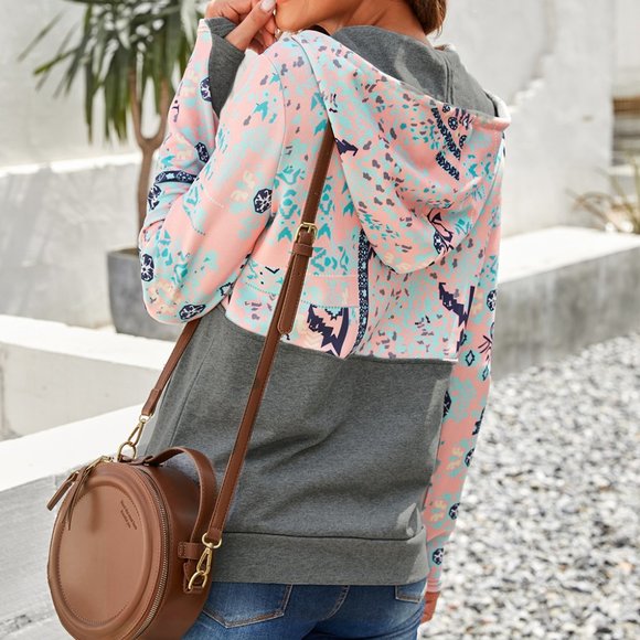 Gray Boho Print Color Block Patchwork Zip Collar Sweatshirt - Picture 3 of 12